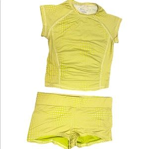Frankies bikinis two piece yellow and pink polka dot shorts and t shirt swim top